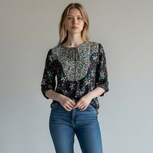 Ann Taylor Women’s Peasant S/S Flutter Navy Floral Blouse Size-M EUC